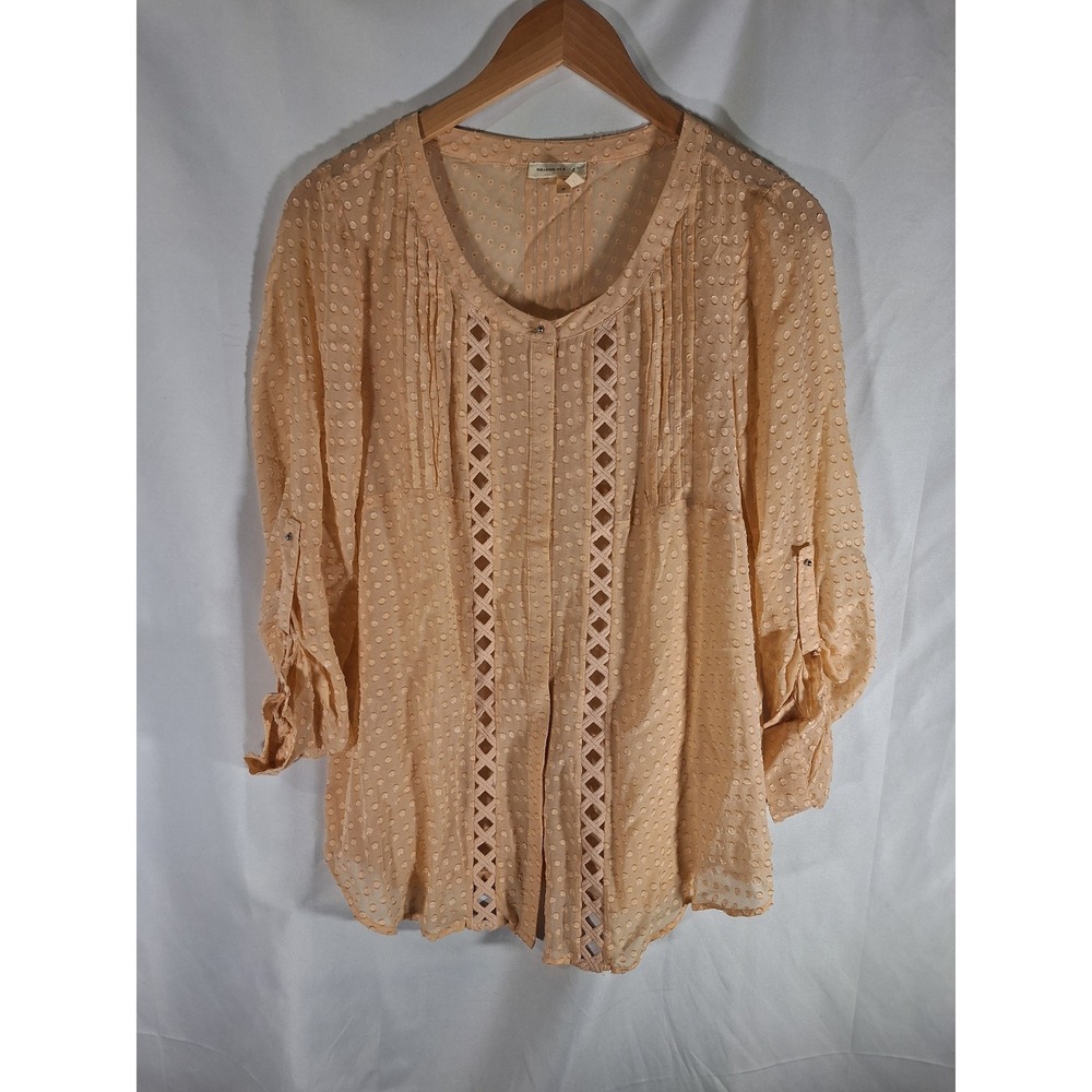 Meadow Rue Anthropologie Peach Swiss Dot Pintuck Lattice Boho Blouse Womens M